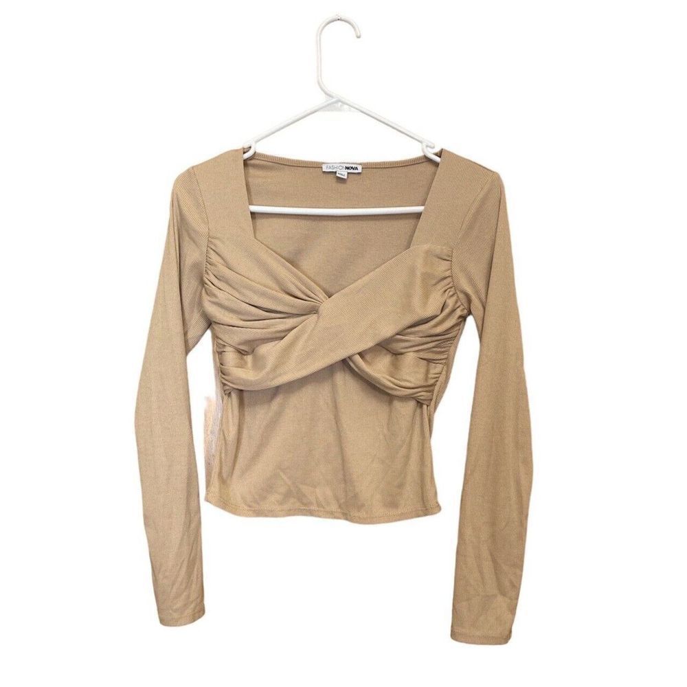Fashion Nova Tan  Cropped Knot Front Long Sleeve Top Womens M